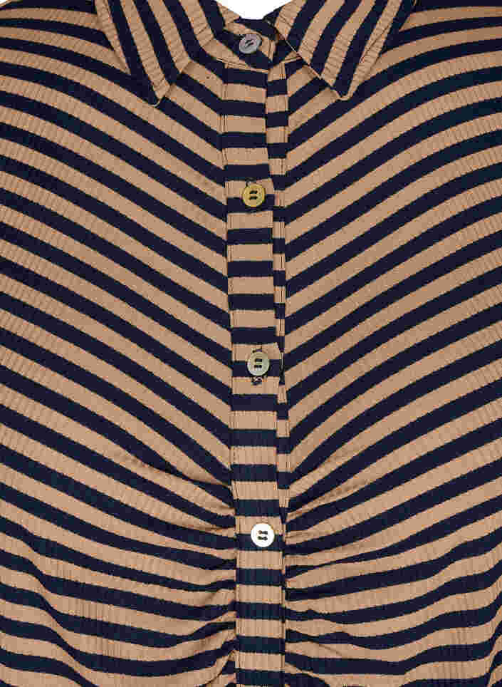 Stripete viskosekjole med ribbet mønster og knappelukking, Blue Camel Stripe, Packshot image number 2