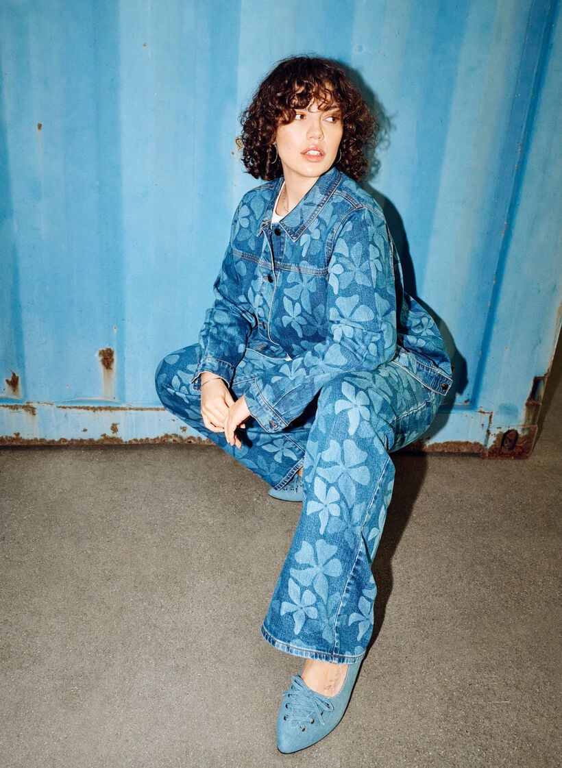 Denimjakke med blomster m&oslash;nster, Bl&aring;, Image image number 0