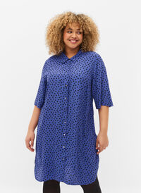 Lang prikkete skjorte i viskose, R.Blue w. Black Dot, Model