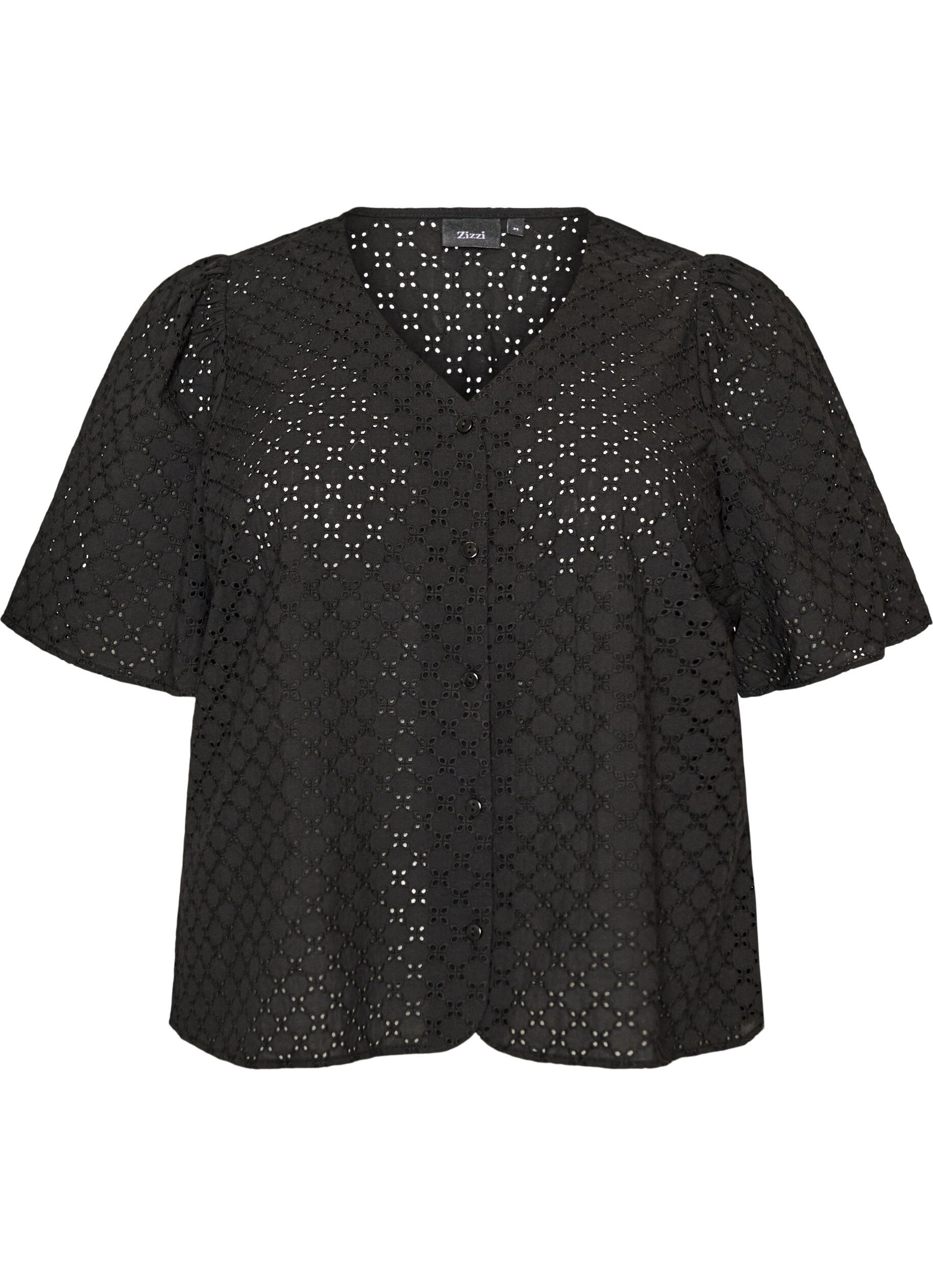 Bluse i broderie anglaise med knappelukking