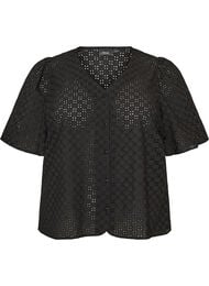 Bluse i broderie anglaise med knappelukking, Svart