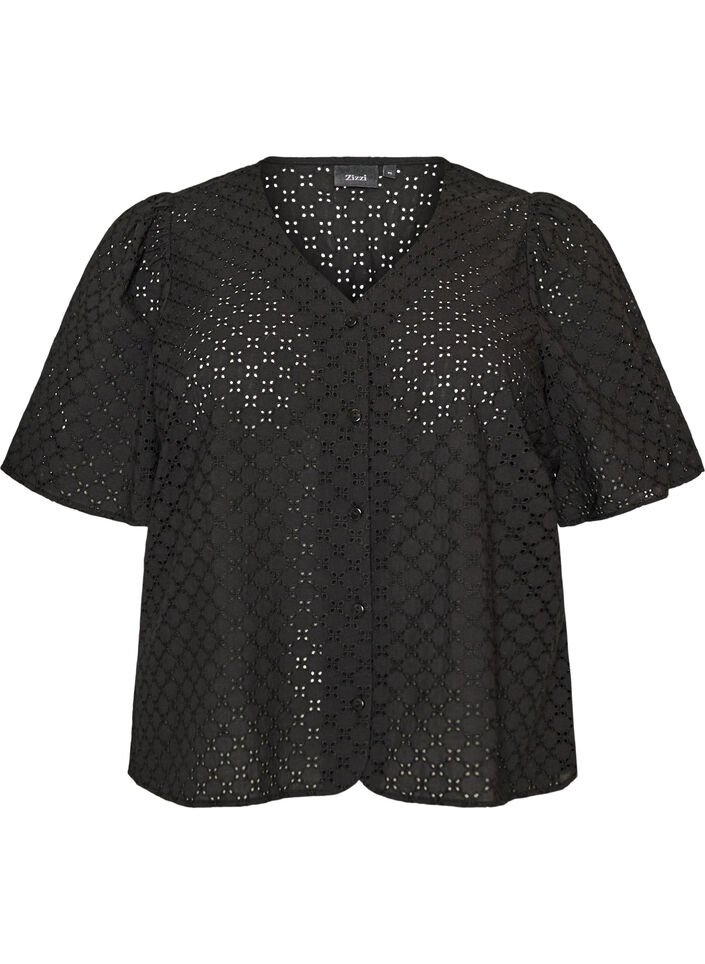 Bluse i broderie anglaise med knappelukking, Svart, Packshot image number 0