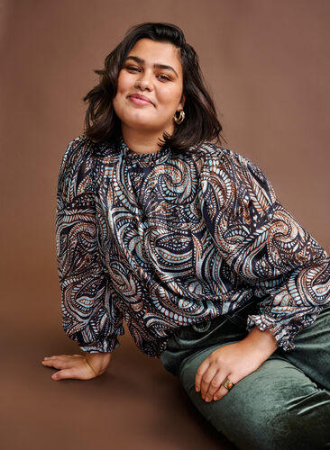 Langermet bluse med paisley-mønster, Black Paisley, Image image number 0