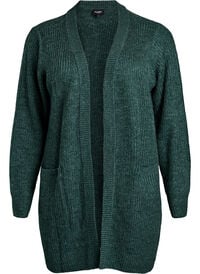 FLASH - Lang ribbestrikket cardigan med lommer, Grønn FLASH - Lang ribbestrikket cardigan med lommer