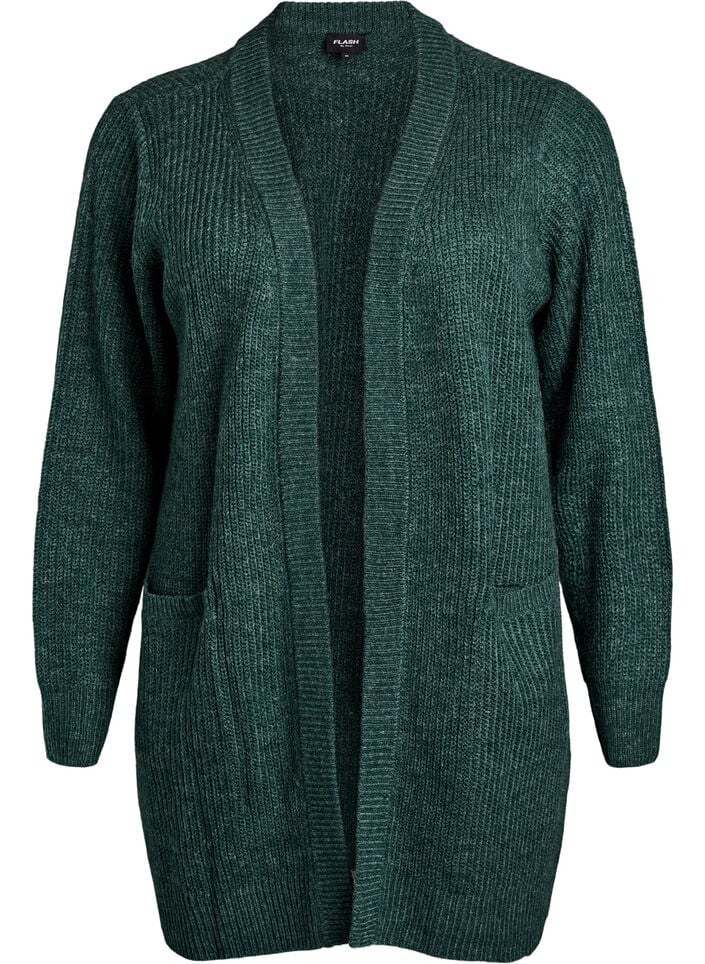 FLASH - Lang ribbestrikket cardigan med lommer, Grønn, Packshot image number 0