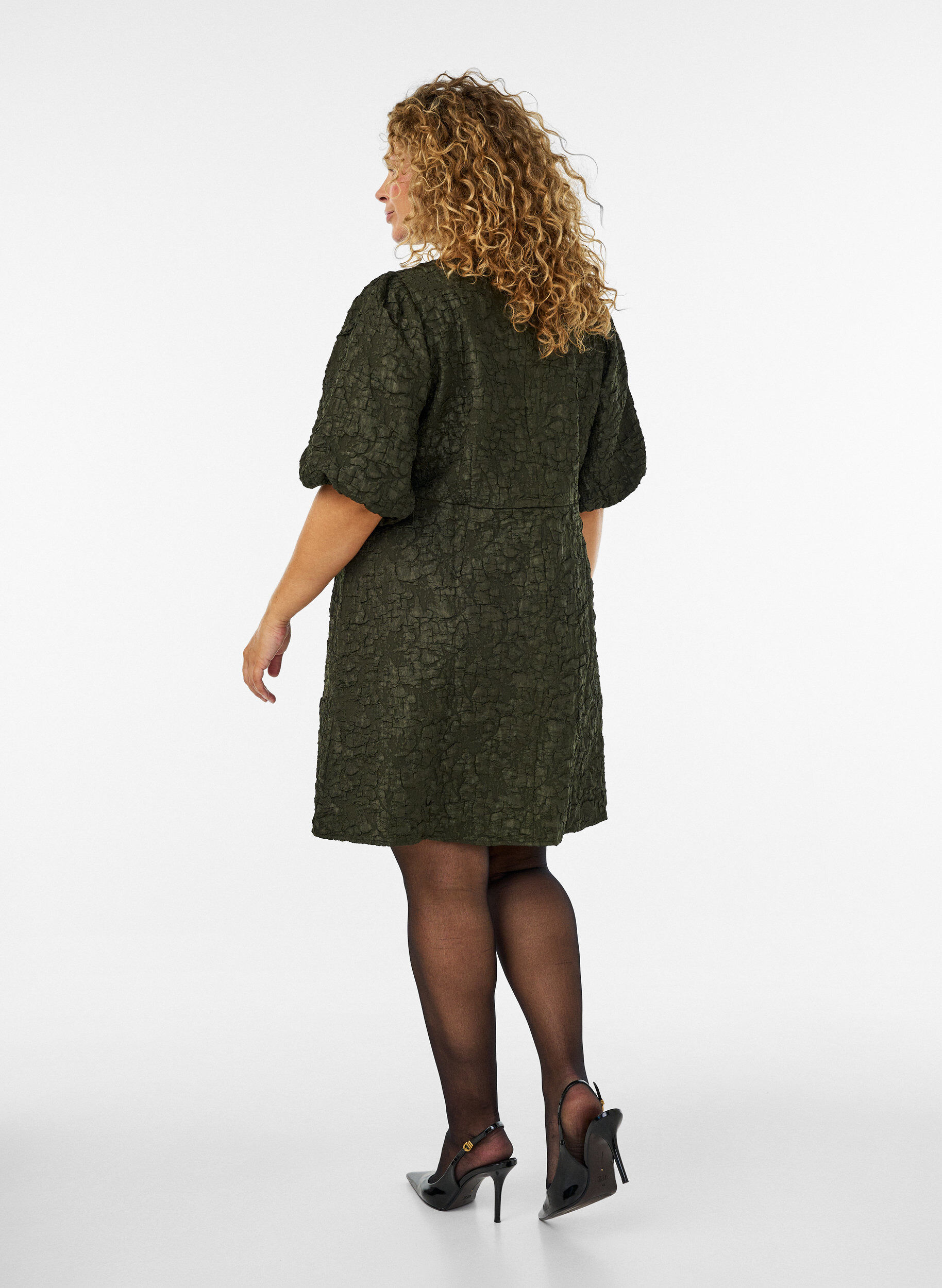 ZizziJacquard kjole med puffermer og A-linje, Gr&oslash;nn, Model image number 2