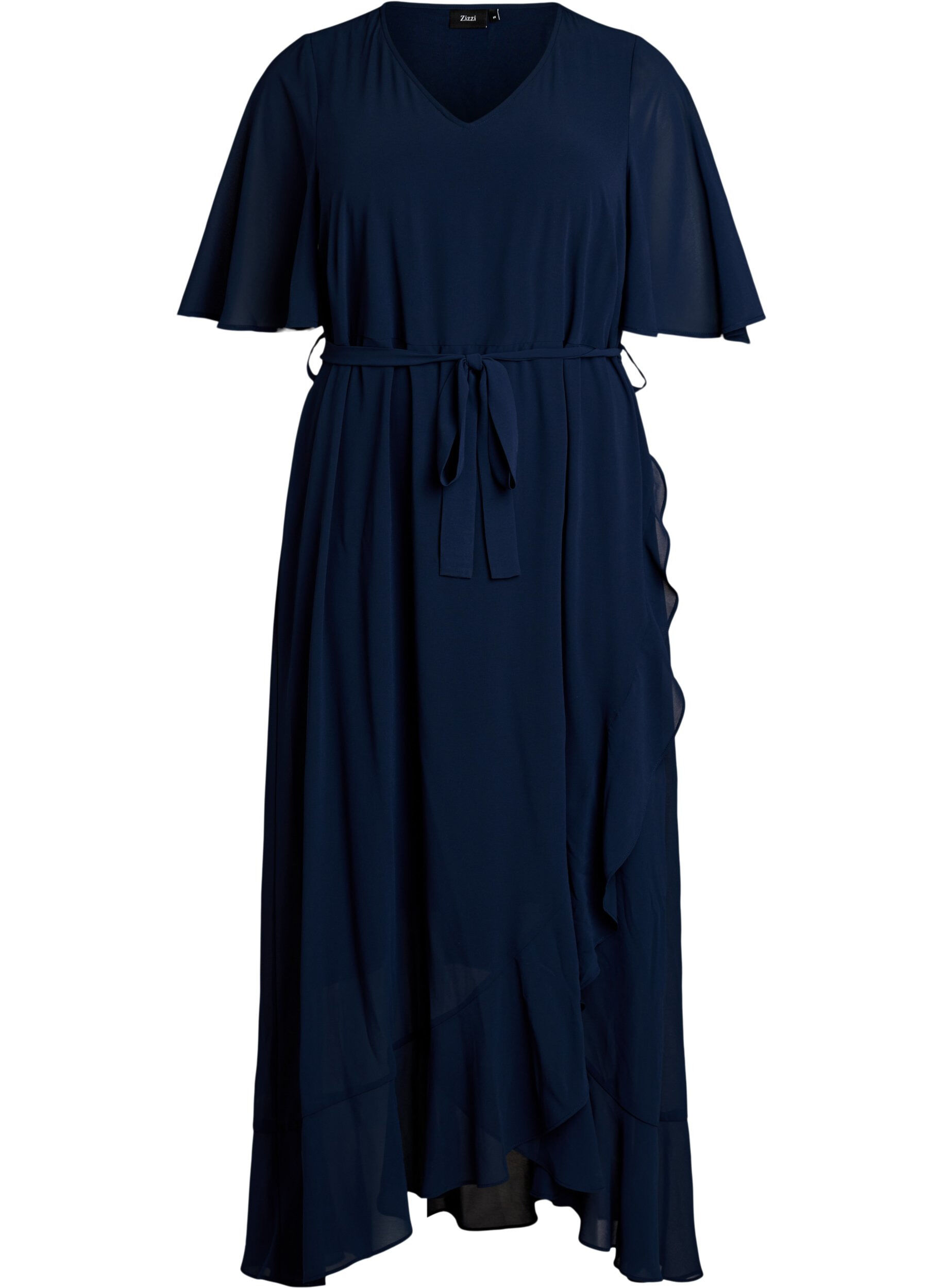 Chiffon maxikjole med V-hals og rysjekant