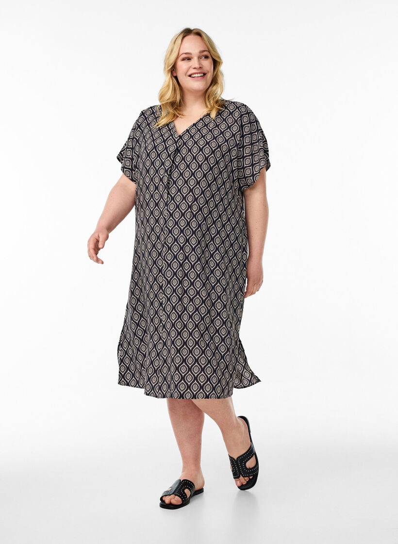 Kjole med V-hals i viskose, Blå, Model image number 1