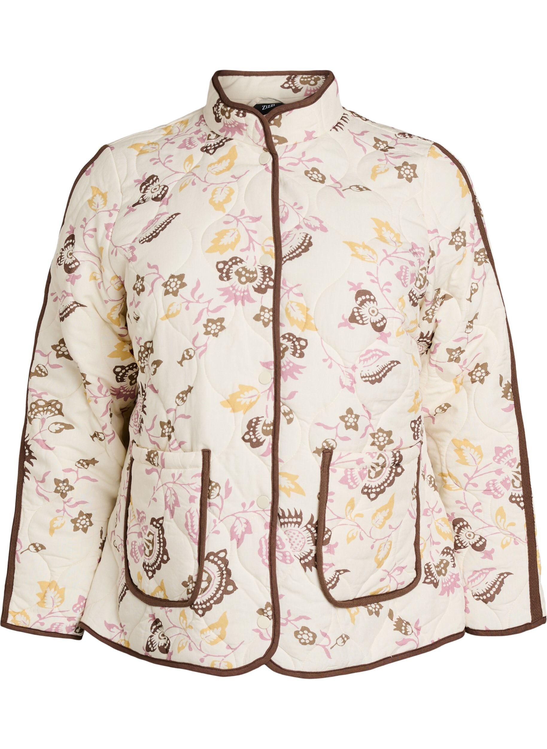 Zizzi Quiltet jakke med knapper og blomstertrykk, Beige, Packshot image number 0
