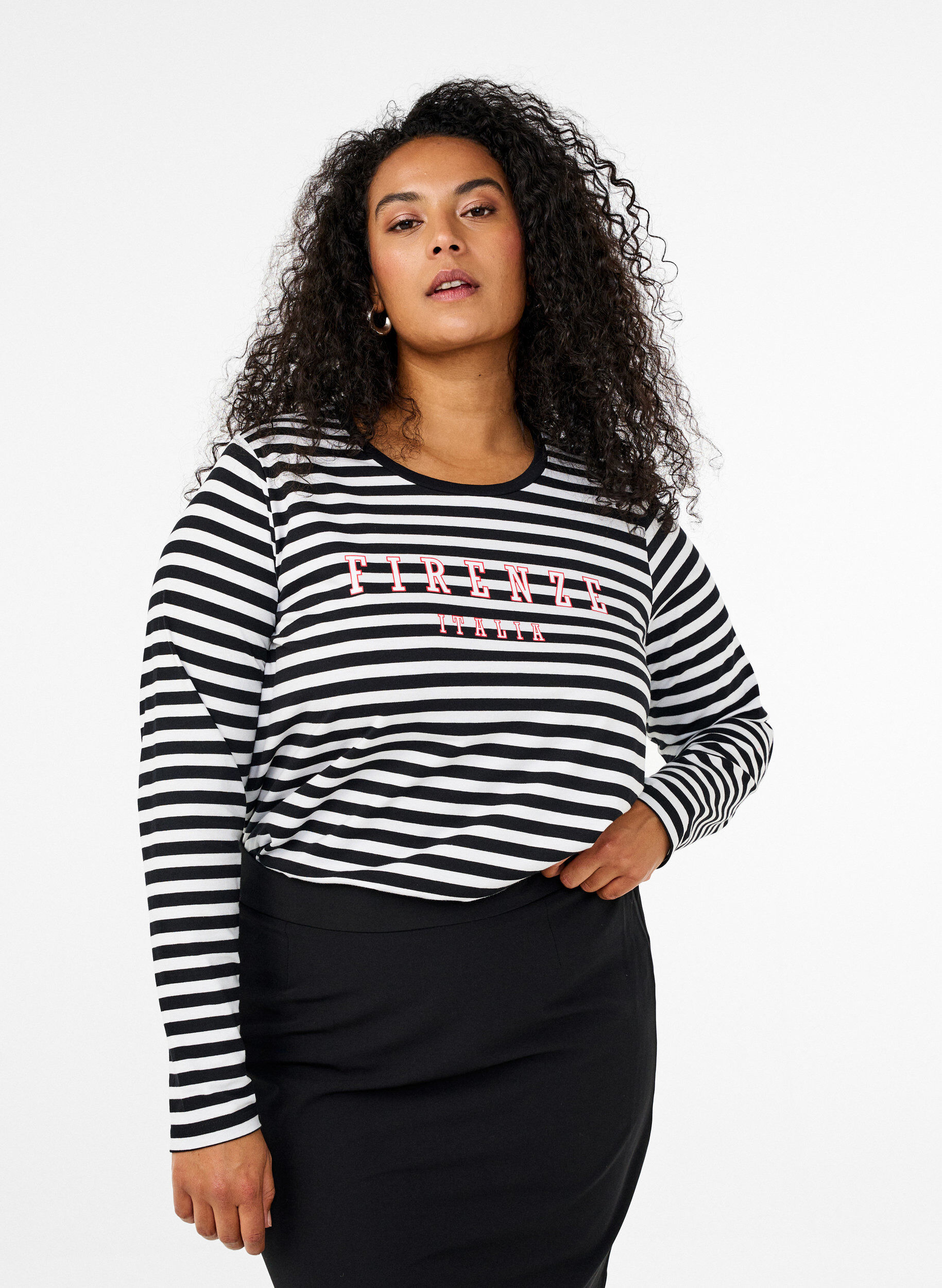 Zizzi Stripete bluse med motiv, White w.Black Stripe, Model image number 0