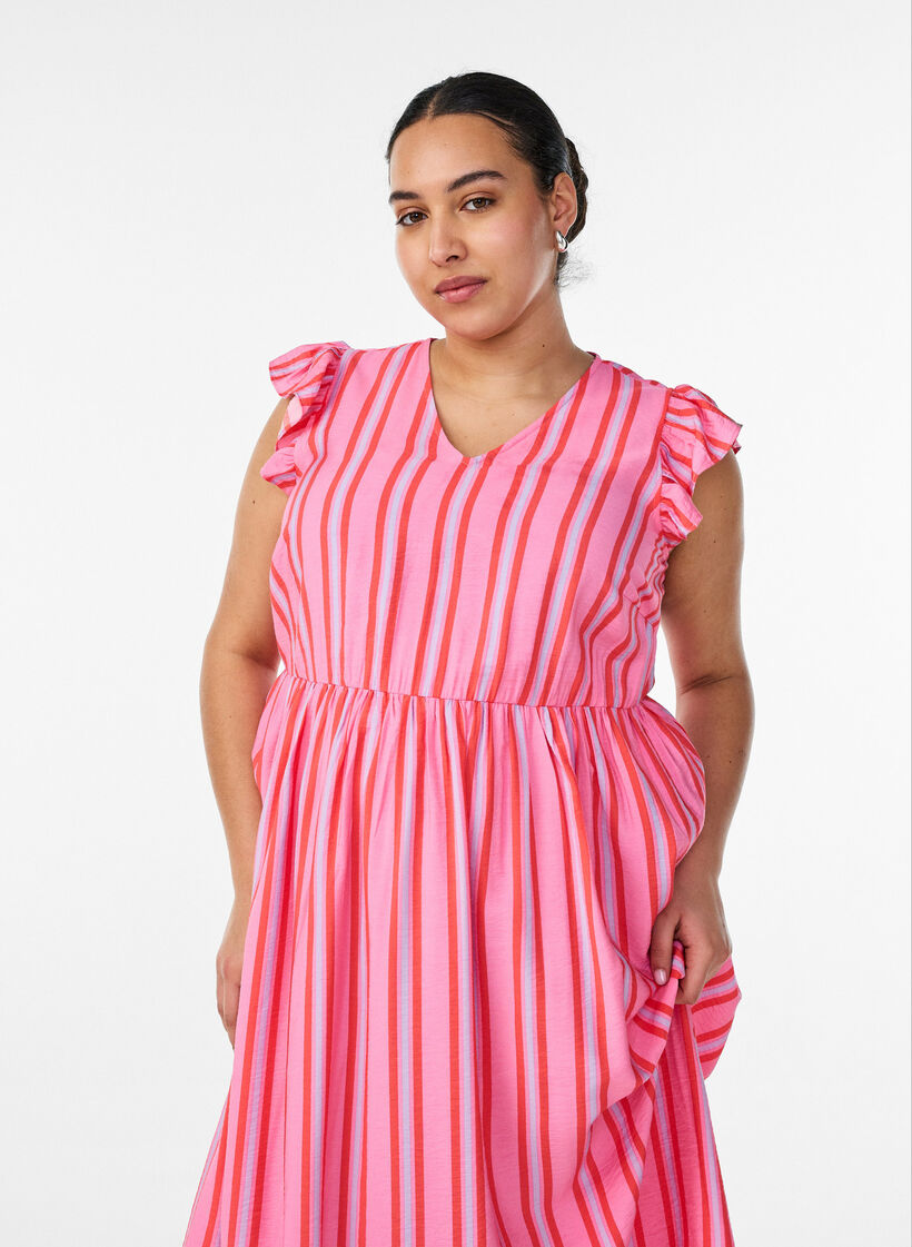 Stripete midiskj&oslash;rt med empire snitt og volanger, Rosa, Model image number 2