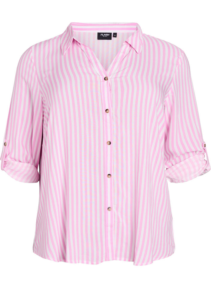 FLASH - Stripete skjorte med oppbrettede ermer, Rosa, Packshot image number 0