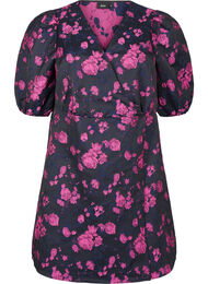 Kort jacquard omslagskjole, Black w. Red Rose