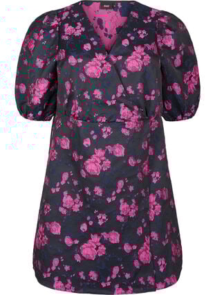 Zizzi Kort jacquard omslagskjole, Black w. Red Rose, Packshot image number 0