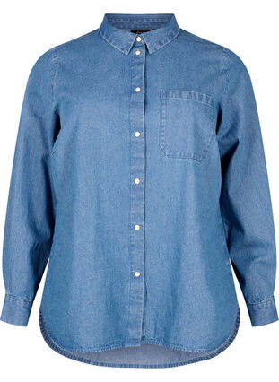 Jeansskjorte med lange ermer og brystlomme, Light Blue Denim, Packshot image number 0