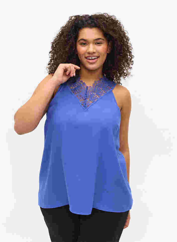 Topp med V-hals og blonder, Dazzling Blue, Model