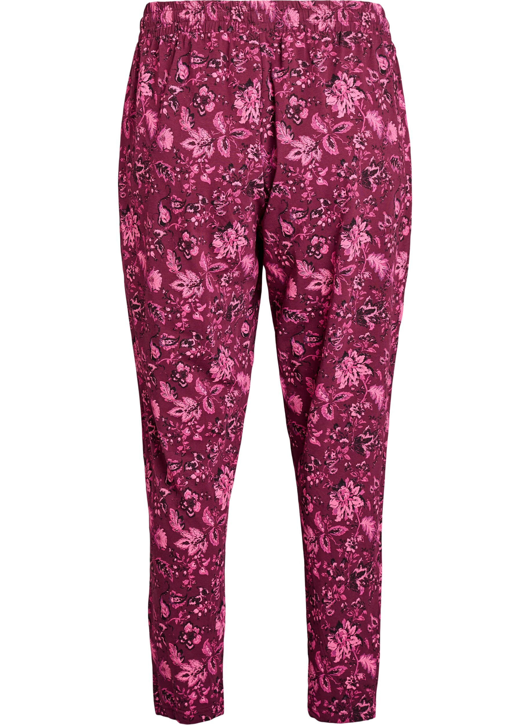 Zizzi Bomulls pyjamasbukser med trykk, M&oslash;rk Bordeaux, Packshot image number 1