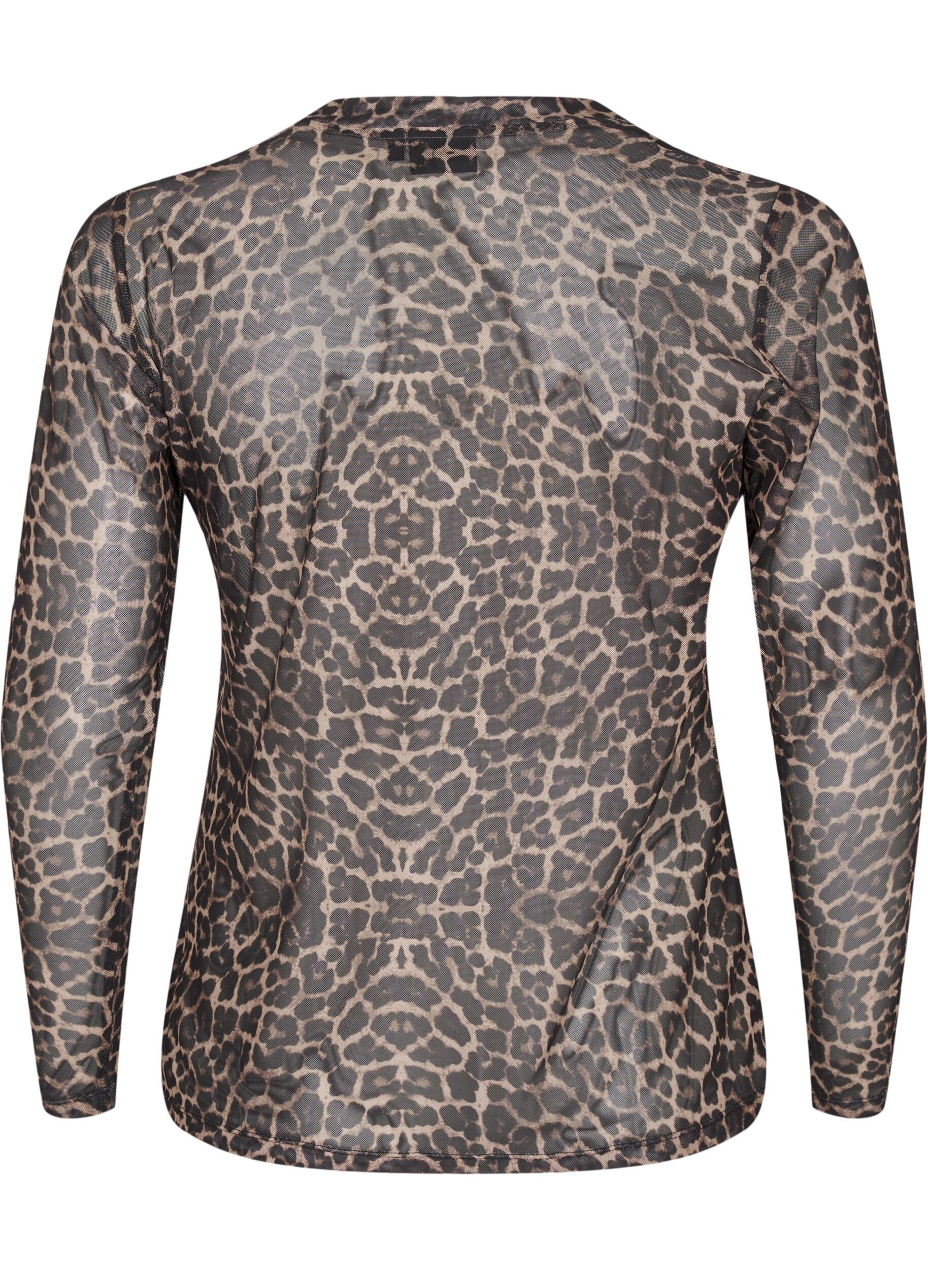 Zizzi Bluse i mesh med leopardm&oslash;nster, Brun, Packshot image number 1