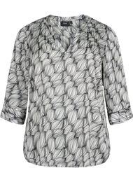 Bluse med mønster og 3/4-ermer, Black White Leaf