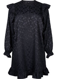 Jacquardkjole med lange ermer og volangdetalj, Black
