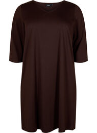 Ensfarget kjole med V-hals og 3/4-ermer, Coffee Bean