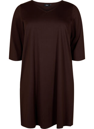 Ensfarget kjole med V-hals og 3/4-ermer, Coffee Bean, Packshot image number 0