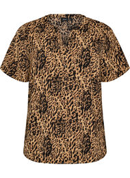 Bluse med korte ermer og v-hals, Brun