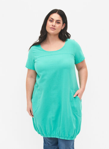Kortermet kjole i bomull, Aqua Green, Model image number 0