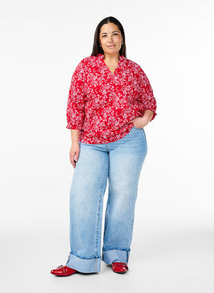 Zizzi Bomullsbluse med blomstertrykk, Rød, Model image number 1
