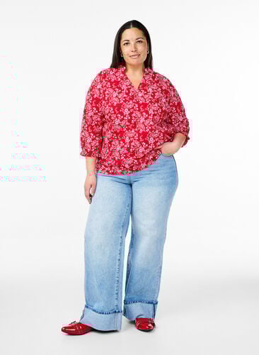 Zizzi Bomullsbluse med blomstertrykk, Rød, Model image number 1