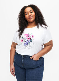 T-skjorte i bomull med blomster og portrettmotiv, B. White Face Flower, Model