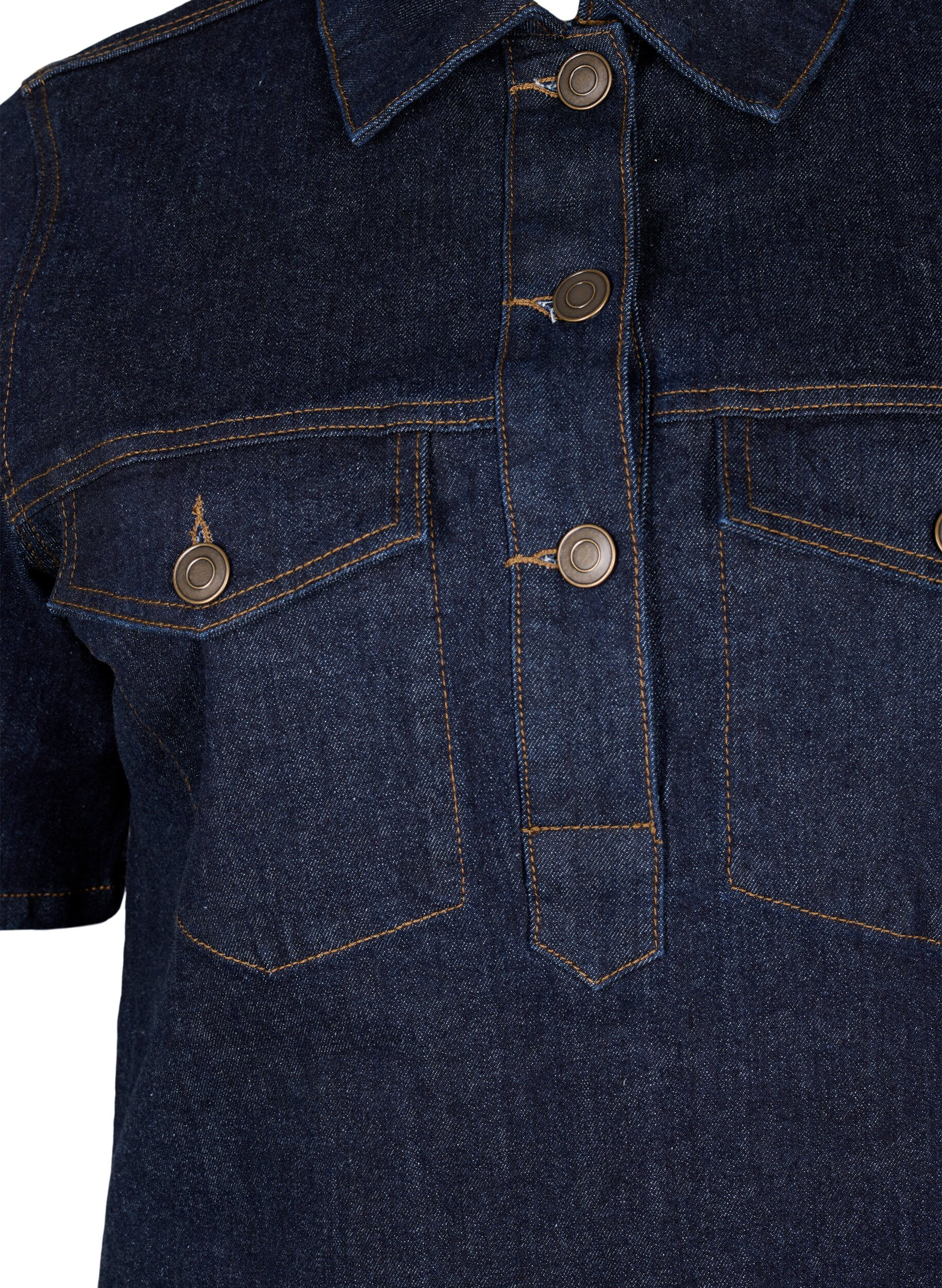 Zizzi Denimkjole med korte ermer og brystlommer, Dark Blue Denim, Packshot image number 2