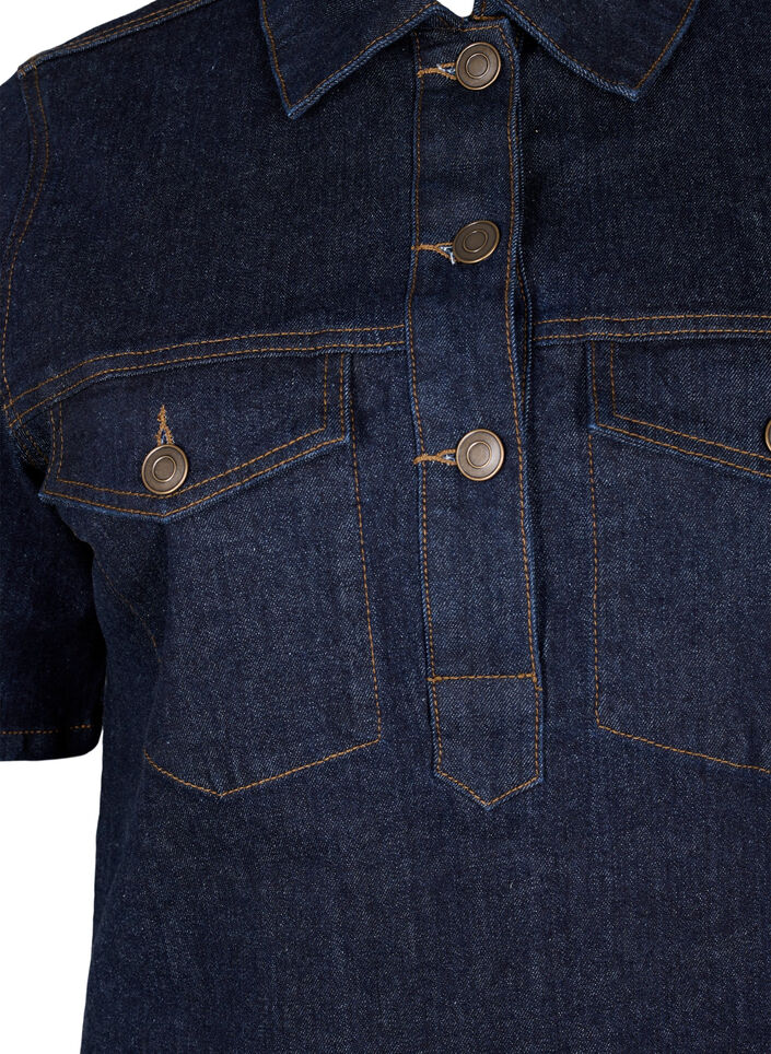 Denimkjole med korte ermer og brystlommer, Dark Blue Denim, Packshot image number 2