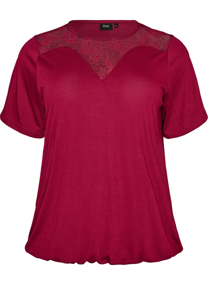 Bluse med blondeinnsats og ballongermer, R&oslash;d, Packshot image number 0