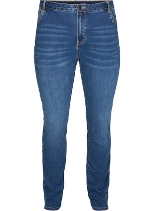 Nille jeans med høyt liv og broderi, Blue denim, Packshot image number 0