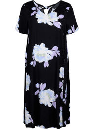 Blomstret kjole med korte ermer i viskose, Black Big Flower AOP