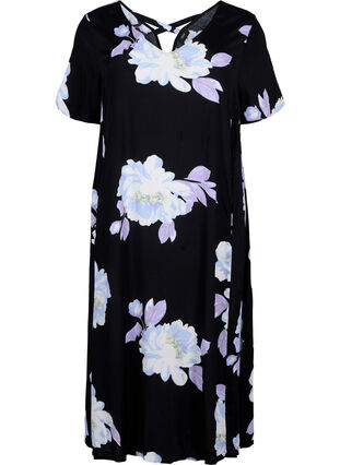Blomstret kjole med korte ermer i viskose, Black Big Flower AOP, Packshot image number 0