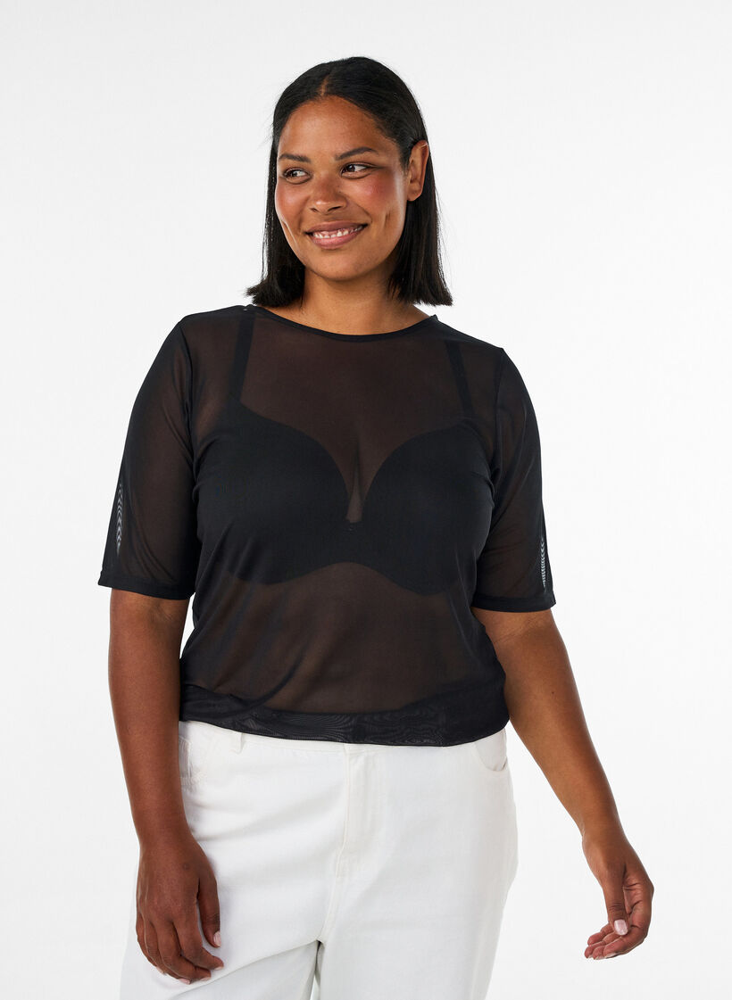 Mesh topp med korte ermer og rund hals, Svart, Model image number 0