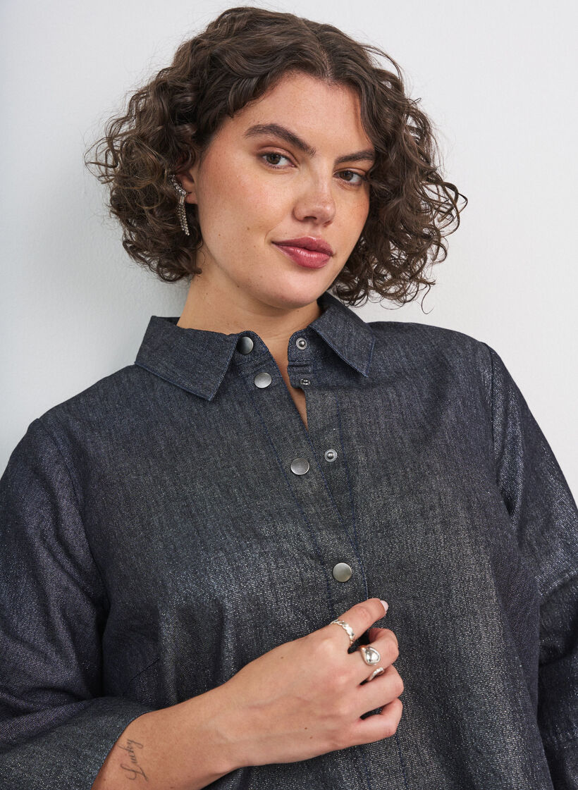 Denimskjorte med glittertr&aring;d og 3/4 ermer, Gr&aring;, Model image number 3