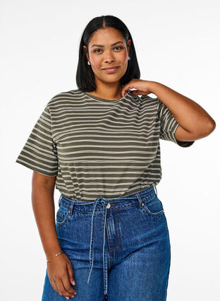 Zizzi Stripete T-skjorte, Grønn, Model image number 0