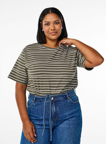 Zizzi Stripete T-skjorte, Grønn, Model image number 0