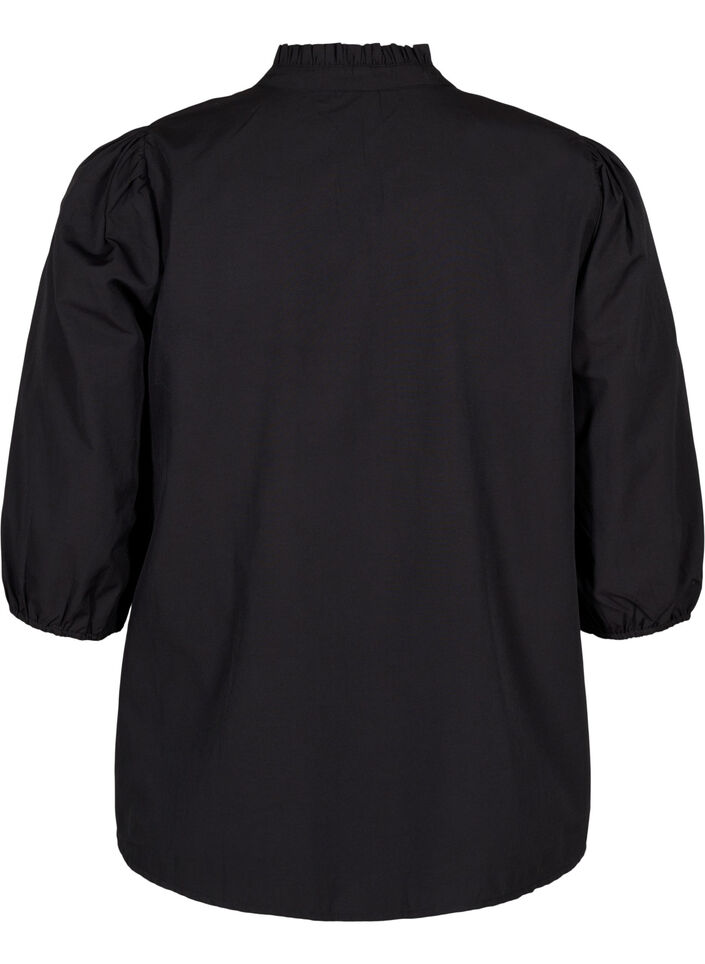 Skjortebluse med broderte blomster og 3/4-ermer, Black W. Beige Emb. , Packshot image number 1