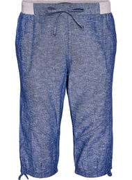 Capribukser i bomull og lin med elastisk midje og knytesnor, Bl&aring;
