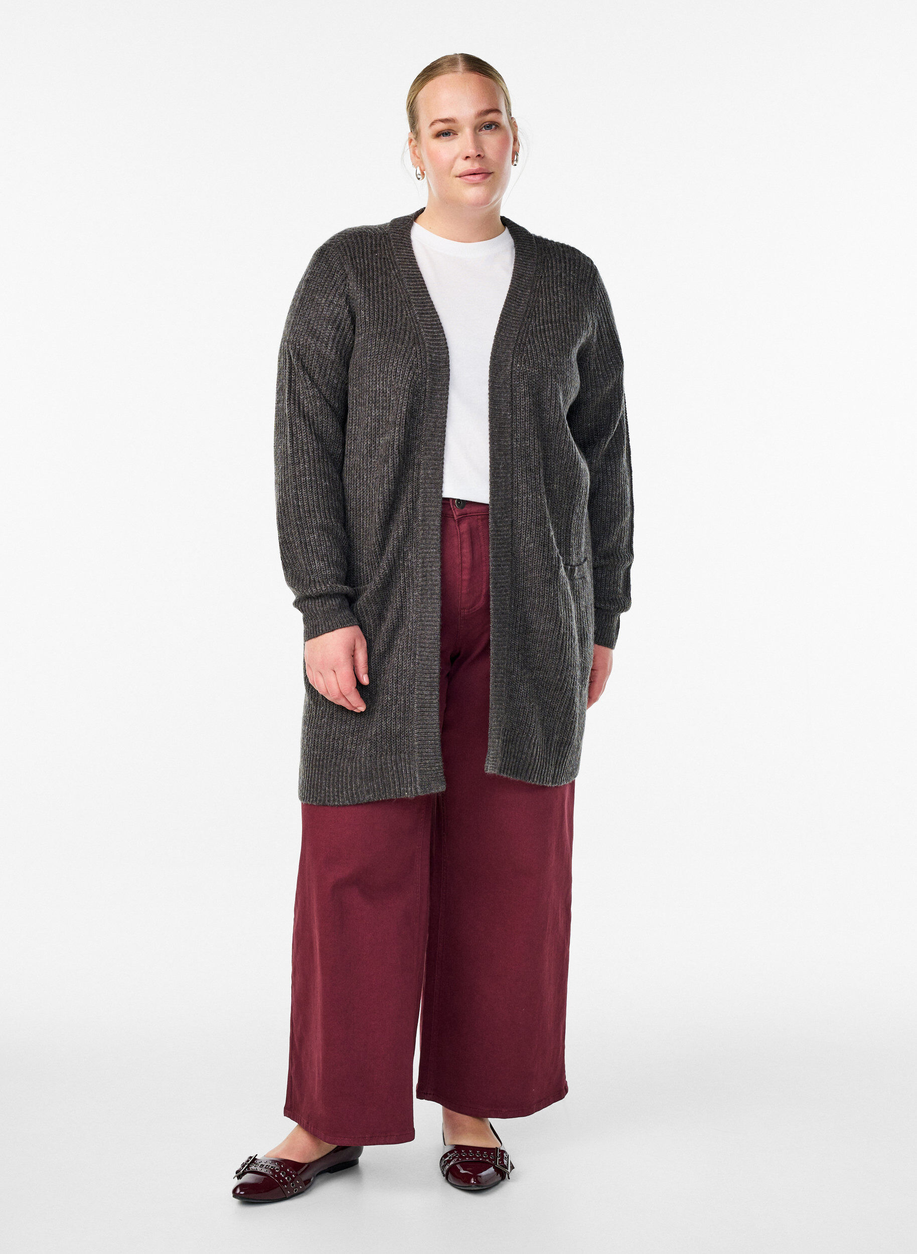 Zizzi FLASH - Lang ribbestrikket cardigan med lommer, Gr&aring;, Model image number 1