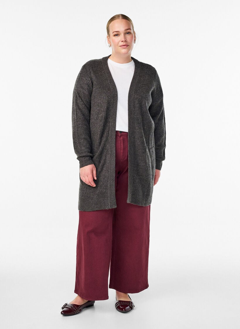 FLASH - Lang ribbestrikket cardigan med lommer, Grå, Model image number 1