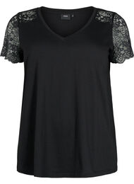 Bomull T-skjorte med korte blonderermer, Black