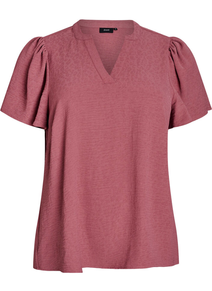 Bluse med korte volangermer og V-hals, Rosa, Packshot image number 0