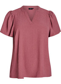 Bluse med korte volangermer og V-hals, Rosa Bluse med korte volangermer og V-hals