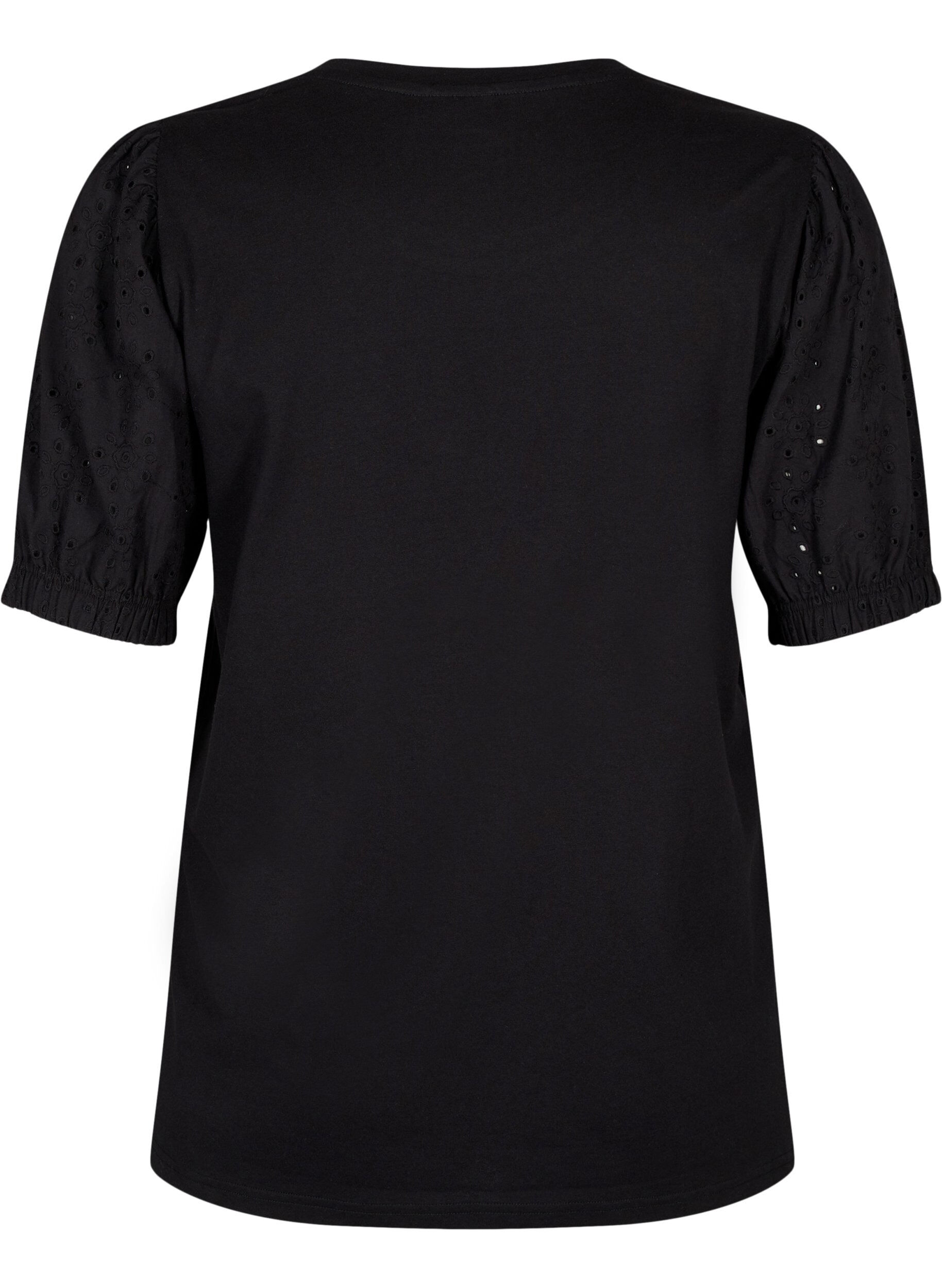 Zizzi Bluse i &oslash;kologisk bomull med broderi anglaise ermer, Black, Packshot image number 1