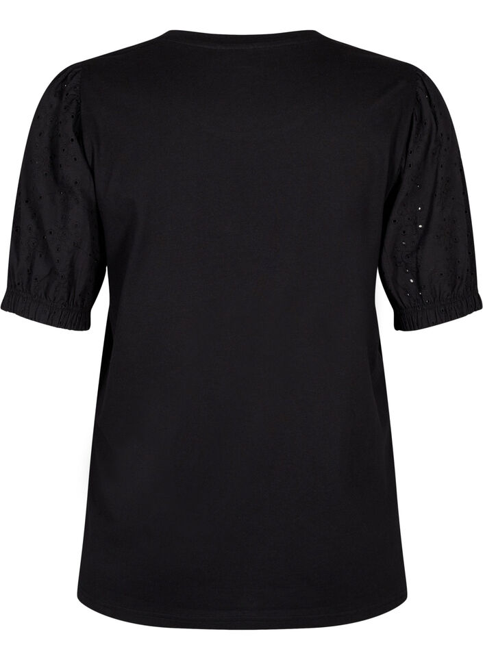 Bluse i økologisk bomull med broderi anglaise ermer, Black, Packshot image number 1